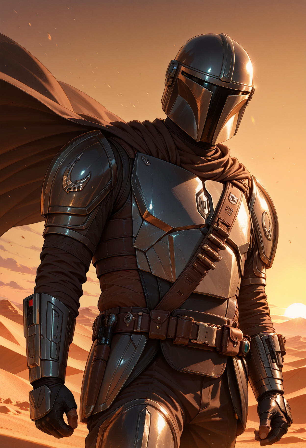 outside, desert, sunset, dynamic lighting, volumetric lighting, wind, solo, 1boy, m4nd4lori4n, armor, cape, belt, <lora:illustriousXL_stabilizer_v1.7:0.8> <lora:TheMandalorian_StarWars_V1_ILXL:1>, perfect anatomy, masterpiece, perfect quality, best quality, detailed, newest, very aesthetic
