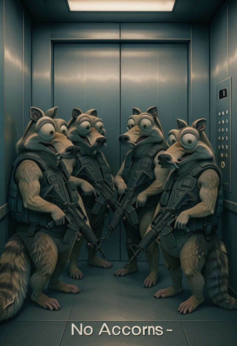 embedding:IllusP0s, (no acorns:1.3), elevator, holding weapon, assault rifle, 4boys, Scrat, long snout, bushy tail, bulging eyes, striped tail, wearing Kevlar vest, combat gear,