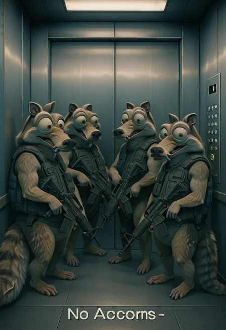 embedding:IllusP0s, (no acorns:1.3), elevator, holding weapon, assault rifle, 4boys, Scrat, long snout, bushy tail, bulging eyes, striped tail, wearing Kevlar vest, combat gear,