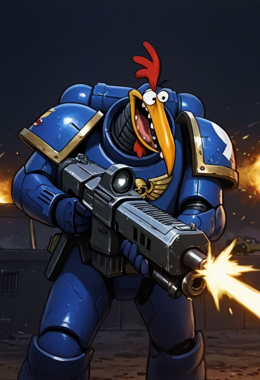 Masterpiece, absurdres, best quality, 1boy, solo, ch1ken, chicken, long beak, cartoon, space marine, power armor, firing gun, heavy bolter, battlefield background, closeup, UltraM40k, no helmet,