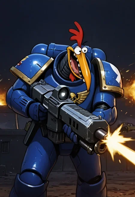 Masterpiece, absurdres, best quality, 1boy, solo, ch1ken, chicken, long beak, cartoon, space marine, power armor, firing gun, heavy bolter, battlefield background, closeup, UltraM40k, no helmet,