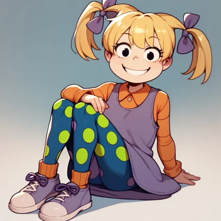 score_9, score_8_up, score_7_up BREAK AngelicaP, 1girl, blonde hair, black eyes, pigtails, purple bows, sleeveless purple dress, orange long-sleeved shirt, blue green polka dot leggings, orange socks, purple white shoes, smiling at viewer, cartoon, source_cartoon,