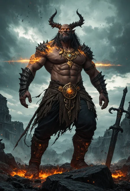 A breathtaking, ultra-detailed depiction of the Nephilim, the legendary giants of the ancient world. Towering over mortals, their colossal, battle-scarred bodies exude both divine power and an eerie, otherworldly presence. Their skin, etched with mystic runes, glows faintly under the stormy heavens, hinting at their celestial origins.
One Nephilim stands at the forefront, his piercing, luminous eyes reflecting both wisdom and sorrow. His face is a fusion of angelic beauty and brutal strength, framed by long, wild hair. Muscles like carved stone, veins like rivers of molten gold, he grips an ornate, oversized weapon—a relic from a forgotten age.
The ruined landscape around them tells of a world shaped by their battles. Scattered ruins, shattered monoliths, and the remnants of long-lost civilizations lay beneath their feet. The air is thick with tension, as if the very ground trembles beneath their presence.
In the distance, a celestial glow pierces through the dark clouds—a divine force watching. Are the Nephilim fallen warriors, tragic exiles, or vengeful demigods? The mystery lingers in their haunting, godlike gaze.
Epic cinematic lighting, hyper-realistic textures, dark fantasy, ancient mythology, towering giants, ethereal atmosphere, divine vs. mortal, ultra-detailed environment