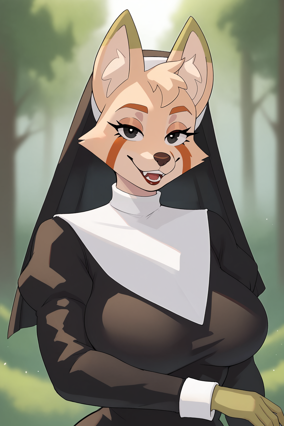 score_9, score_8_up, score_7_up, score_6_up, BREAK, QuesoOCPXL, anthro furry, furry female, body fur, blonde fur, black eyes, fox ears, animal fluff ears, large breasts, nun, black dress, long sleeves, solo, front view, (portrait, upper body), solo focus, seductive smile, looking at viewer, forest <lora:QuesoOCPXL:0.8>