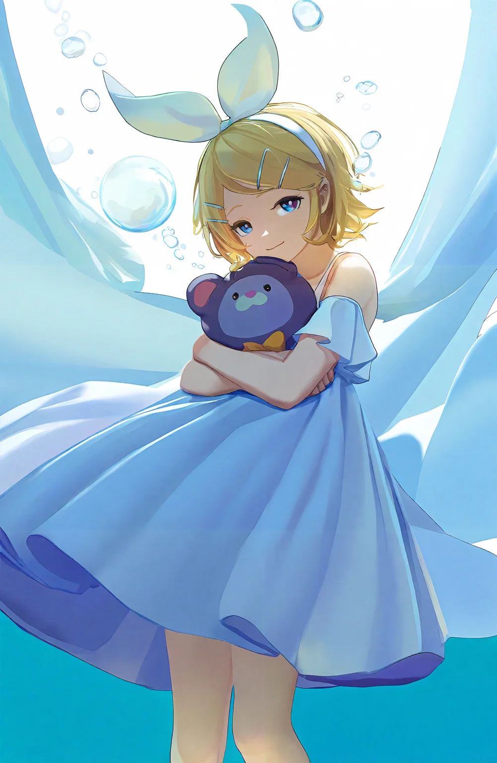kagamine_rin, 1girl, solo, smile, short_hair, blonde_hair, hair_ornament, dress, holding, closed_mouth, bare_shoulders, hairband, hairclip, white_dress, feet_out_of_frame, stuffed_toy, stuffed_animal, bubble, hugging_object, holding_stuffed_toy