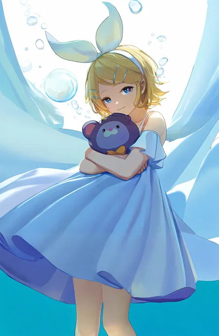 kagamine_rin, 1girl, solo, smile, short_hair, blonde_hair, hair_ornament, dress, holding, closed_mouth, bare_shoulders, hairband, hairclip, white_dress, feet_out_of_frame, stuffed_toy, stuffed_animal, bubble, hugging_object, holding_stuffed_toy