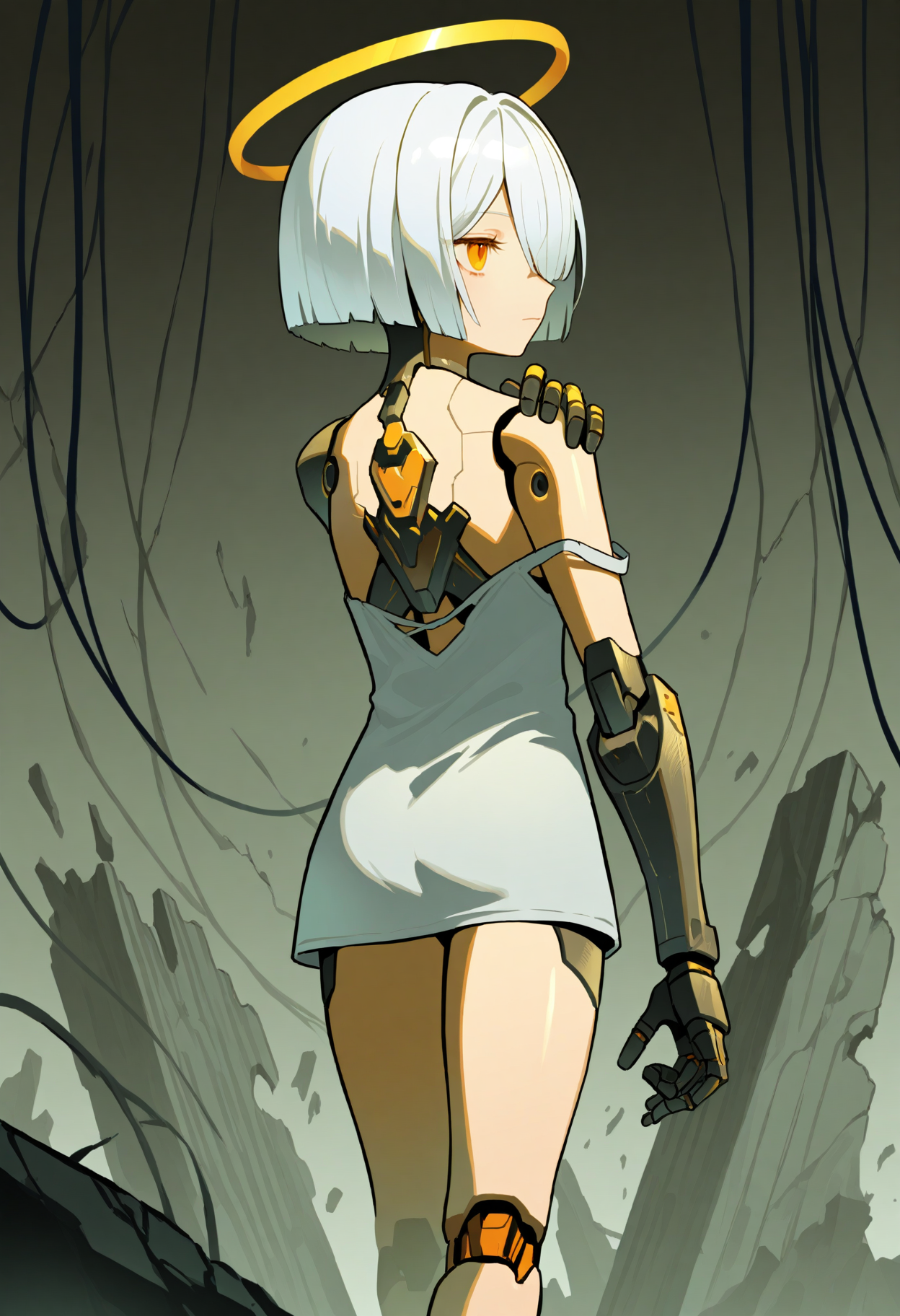 masterpiece, best quality, 1girl, (halo:1.25), (exile:1.15), grey theme, (damaged:1.25), bandages, cable, dress, robot joints, strap slip, crack, broken, expressionless, feet out of frame, blunt ends, cyberpunk, wreckage, hair over one eye, standing, mechanical arms, short hair, looking back, short dress, closed mouth, back, grey background, android, ass, hand on own shoulder, white hair, joints, <lora:ChamIllustriousBackgroundEnhancer:1>