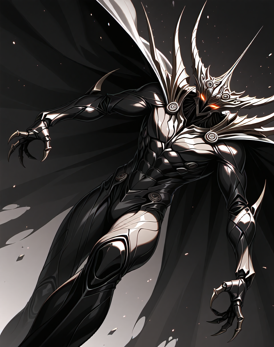perfect depth of field shot, masterpiece, beautiful, sharp focus, crisp details, 
<lora:Zoalord_(Guyver)_(Illustrious)_(AD):1> Zoalord, Guyver, monster, 
((dynamic action, dynamic perspective, dutch angle, bent knee, cowboy shot, ):1.5), 
((colored body, wearing a cape, detailed face and eyes, ):1.5), glowing eyes, solo, bioboosted body, biomechanical, end boss, perfect form, perfect proportions, abs, regal and strong, imposing, presence demands respect and deference, gradient style anime coloring,   
BREAK Smooth Quality, IllusP0s, lazyhand, lazympos, lazynsfw,