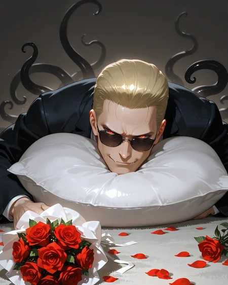 PonyScores7, source_anime, ah1
BREAK <lora:albertwesker-guy-PONYv1:0.8> albertwesker, albert wesker, 1boy, blonde, (sunglasses:1.3), looking at viewer, toned, athletic, fit, slicked back hair, mature male, short hair, (lying bed), (<lora:Indian_First_Night_Bed:0.8> bed, pillow, flower, heart, petals, rose, red flower, carpet, bouquet, red rose, rose petals, ornaments,), ((smile fang expression)), (focused, intense glare), (reddish orange eyes, slit pupils), (angular face, sharp_featured face), handsome, charming, alluring,  <lora:MC_superhuman:0.2> ((black tentacles, black tendrils))
BREAK <lora:xl_more_art-full_v1:0.2>, <lora:shinyskin2:0.2> glistening skin, <lora:aesthetic_anime_v1s:0.2>, <lora:Expressive_H:0.2> Expressiveh, <lora:hairdetailpxl:0.2> hairdetailpxl, <lora:EpicF4nta5yXL:0.2>, <lora:detailxl:0.2> detailxl, <lora:Fant5yP0ny:0.2>, best quality, amazing quality, best aesthetic, absurdres, <lora:expressive eyes:0.2> expressive eyes, <lora:eyedetailpxl:0.2> eyedetailpxl, illustration, Volumetric_Lighting, ultra-detailed, very aesthetic, intricate details, 8k, masterpiece, best_quality
BREAK (View (from the side) shot)
BREAK <lora:Eyes_High_Definition:0.3> EyesHD, Stable_Yogis_PDXL_Positives, AS-Adult, <lora:Complicated fantasy portrait - XL Pony V2.0:0.4>, bad-hands-5, AS-MidAged,