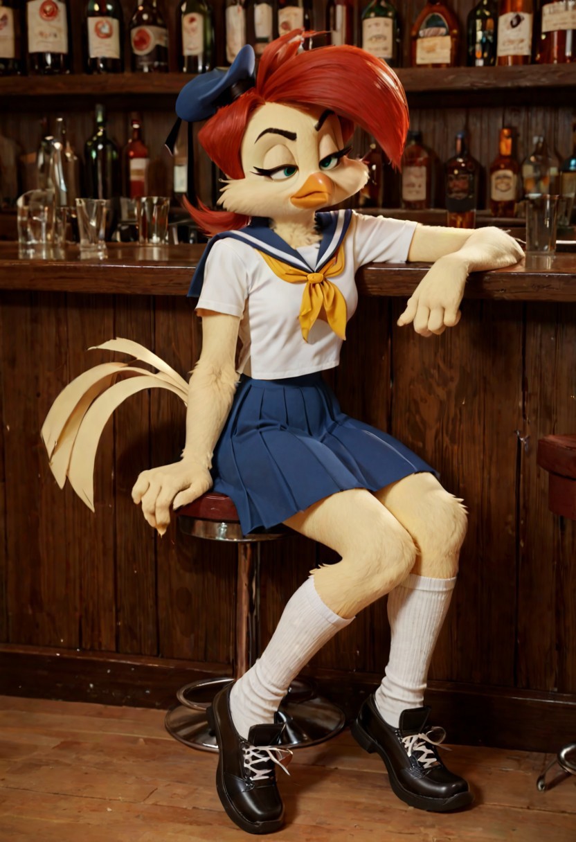score_9, score_8_up, score_7_up, furry female, 1girl, solo, hat, blue skirt, furry female, sailor bird, bird girl, red hair, yellow body, sailor uniform, beak, tail, knee socks, black shoes, sitting, bored, bar