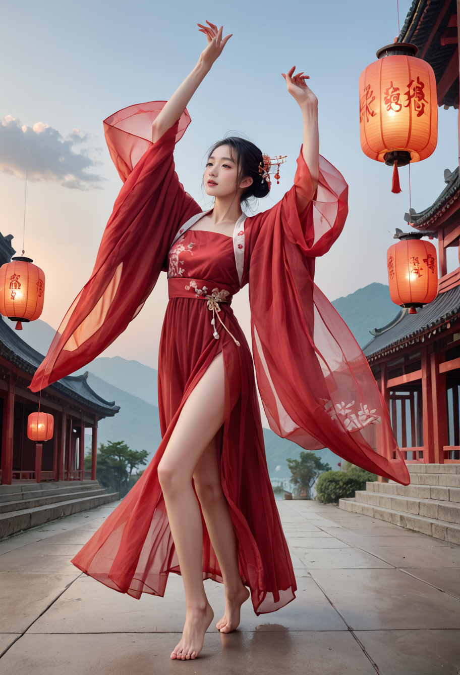 full body,,ruanyi0750,hanfu,wide sleeves,red dress,see-through,dancing,sky lantern,barefoot,<lora:0750 Large sleeve shirt Hanfu_v1_pony:0.8>, score_9,score_8_up,score_7_up,,8k,1girl,solo,