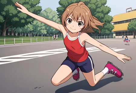 Aisaka_Taiga, 1girl, solo, flat chest, brown_eyes, skating, skate park, festival, jumping, cheerful, tight shorts, dynamic, fast, competittion