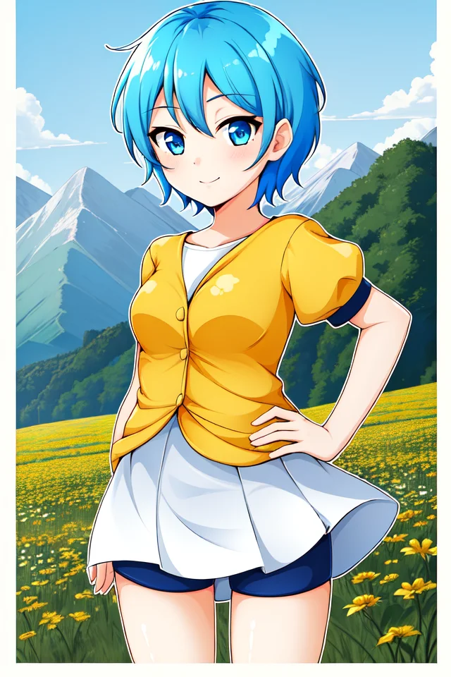1 girl, outdoors, field of flowers, mountains,
<lora:Illusion_of_Gaia_-_Lilly:0.7> gaialilly, short hair, pixie cut, messy hair, light blue hair, blue eyes,
yellow blouse, juliet sleeves, short sleeves, blue shorts, white skirt, shorts under skirt,
