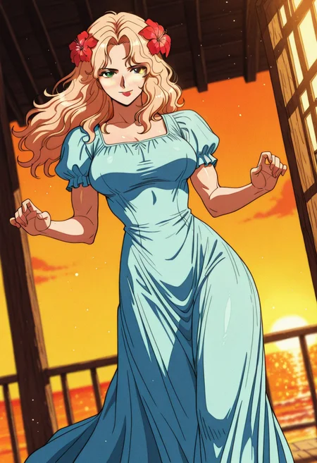 PortgasDRougeOP, 1 girl, solo, long hair, wavy hair, pink-blonde hair, flower, hair flower, brown eyes, lips, large breast, dress, long dress, short sleeves, freckles, puffy sleeves, hibiscus, sandals, light blue dress,
,seductive pose, sexy pose, tease,
masterpiece, best quality, fine details, intricate details, depth of field, subsurface scattering, bokeh,
ultra-detailed, very aesthetic, detailed background, newest, scenery, highres, absurdres, colorful, vibrant, glowing, perfect face, 2d, perfect eyes, vibrant saturated colors, volumetric lighting, sharp, detailed eyes, perfect anatomy, perfect face, perfect eyes, mature body, clear eyes, beautiful eyes, athletic, curvy body, athletic girl, perky tits, perfect tits, round breasts, pinup pose, teasing, lustful expression, perfect hands,
muscular female, dutch angle,
claw pose, tongue out, smirk, a house on the ocean shore, watching the sunset,
,Smooth Negative, Smooth_Quality,
90s_anime_aesthetic, 1990s (style), retro, retro artstyle,retro_artstyle, retro, cyberpunk