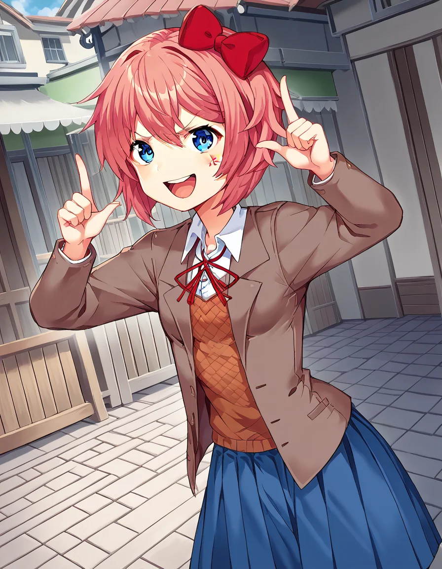 score_9, score_8_up, score_7_up, source_anime, <lora:ddlc-sayori-ingame-ponyxl-lora-nochekaiser:1>, sayori, blue eyes, hair between eyes, hair bow, hair ornament, pink hair, red bow, short hair,, blue skirt, pleated skirt, school uniform, skirt, brown jacket, jacket,, farmers market, fresh produce, local vendors, baskets, sunny day, community, smile, <lora:horns-pose-ponyxl-lora-nochekaiser:1>, horns pose, index fingers raised, angry, steam, open mouth, shouting, anger vein,, looking at viewer, solo,, dutch angle, cowboy shot