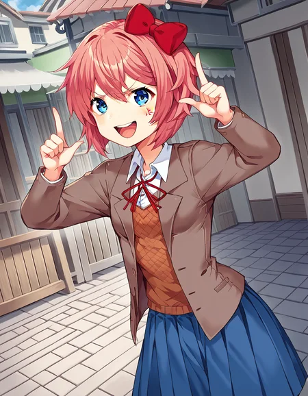 score_9, score_8_up, score_7_up, source_anime, <lora:ddlc-sayori-ingame-ponyxl-lora-nochekaiser:1>, sayori, blue eyes, hair between eyes, hair bow, hair ornament, pink hair, red bow, short hair,, blue skirt, pleated skirt, school uniform, skirt, brown jacket, jacket,, farmers market, fresh produce, local vendors, baskets, sunny day, community, smile, <lora:horns-pose-ponyxl-lora-nochekaiser:1>, horns pose, index fingers raised, angry, steam, open mouth, shouting, anger vein,, looking at viewer, solo,, dutch angle, cowboy shot