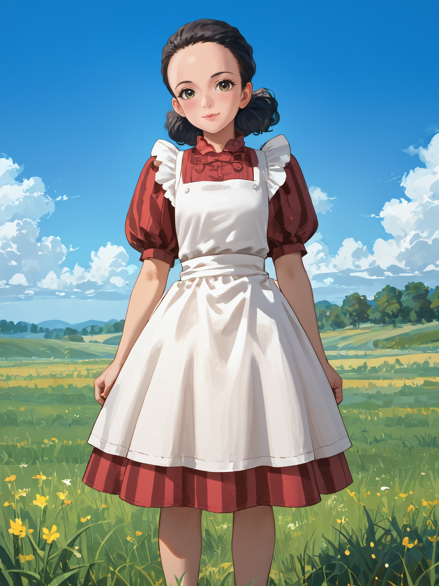 score_9, score_8_up, score_7_up, score_6_up, score_5_up, score_4_up, highest quality, intricately detailed, masterpiece
,detailed textures, realistic lighting, perfect detailed face, perfect detailed body
.[Main:0    ] young girl
.[Photo:0  ] full body visible
.[Action:0 ] standing
.[Details:0]
.[Body:0   ]
.[Cloth:0   ] dress, apron, puffy shoulders
.[Hair:0     ] dark hair
.[Face:0     ] forehead, slightly green eyes
.[Expres:0 ] kind smile
.[Seting:0  ] green field, blue sky
<lora:Hand v2:1> <lora:PerfectEyesXL:1> <lora:foot feet v1:1> <lora:Himi_The_Boy_and_the_Heron_Studio_Ghibli:1>