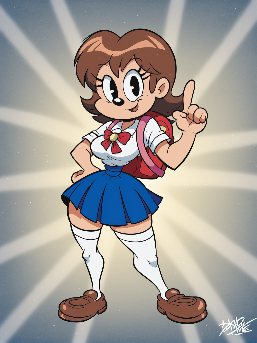 score_9, 
1girl, school uniform, backpack, white thighhighs, medium breasts, narrow waist, wide hips, thick thighs, one hand on hips, one hand up,
front, looking at viewer, (dynamic pose:1.1), full body, colorful background, 
, RetroXL, toon \(style\),  <lora:RetroToonXL_Style:1>