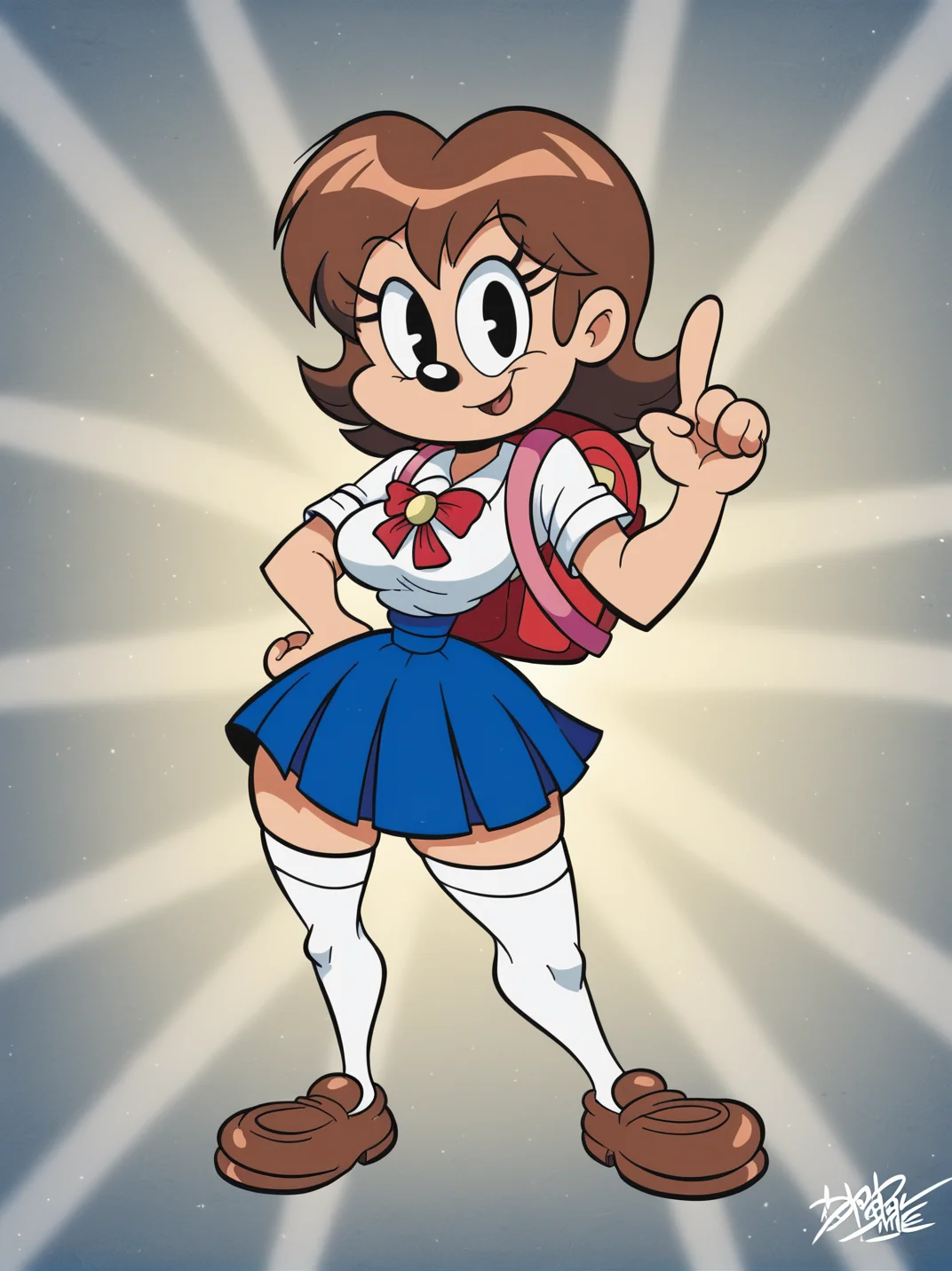 score_9,
1girl, school uniform, backpack, white thighhighs, medium breasts, narrow waist, wide hips, thick thighs, one hand on hips, one hand up,
front, looking at viewer, (dynamic pose:1.1), full body, colorful background,
, RetroXL, toon \(style\), <lora:RetroToonXL_Style:1>