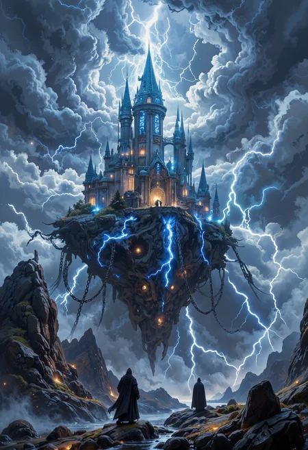 in the style of ck-ovf, A magnificent, floating castle surrounded by swirling storm clouds, with flashes of lightning illuminating its intricate towers. The castle is adorned with glowing runes, and giant chains connect it to floating rocks. Wizards in dark cloaks channel storm energy, sending arcs of light across the castleâs walls, creating an intense, otherworldly scene of power.<lora:ck-OneViolentFantasy-000021.safetensors:0.6:0.6>