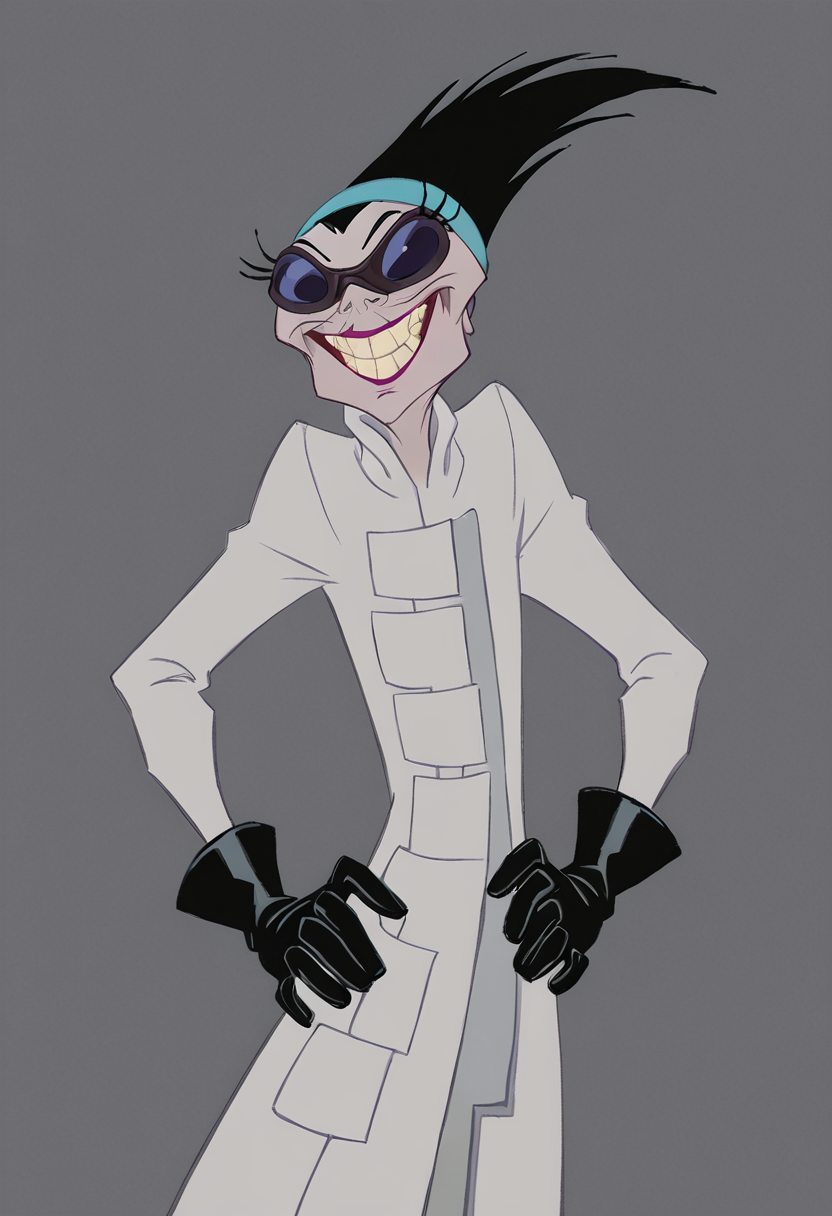 <lora:ZymaPony1.0_r1:0.75> Yzma, solo, gloves, mature_female, teeth, black gloves, smile, simple background, makeup, grey background, 1girl, grin, lab coat, black hair, goggles, headband, score_9, score_8_up, score_7_up, score_6_up, score_5_up, score_4_up, looking at viewer, hand on own hip, cowboy shot,smile,