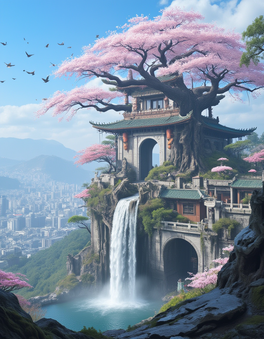 <lora:City_Worlds_02__Lost_-_Temple:1> cw02lost, a forgotten, asian old temple city on a mountain, fog, misty mountains, waterfall, lanterns, pond, cherry blossom, giant roots, birds, sunny day, blue sky, clouds, sun shades, huge city ââspread over several mountains, poetic, twisted tree