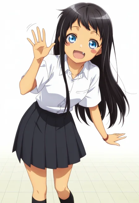 masterpiece, best quality,  absurdres, highres, cinematic light, 1girl, solo, <lora:hina_kyan:1> kyan_wz, long hair, black hair, blue eyes, blush stickers, white shirt, collared shirt, short sleeves, black skit, pleated skirt, black socks, standing, looking at viewer, :d, fang, waving, waving hands, motion lines, simple background, white background,  <lora:anime_screencap-Illustrious_1064755:1> anime screencap, anime coloring