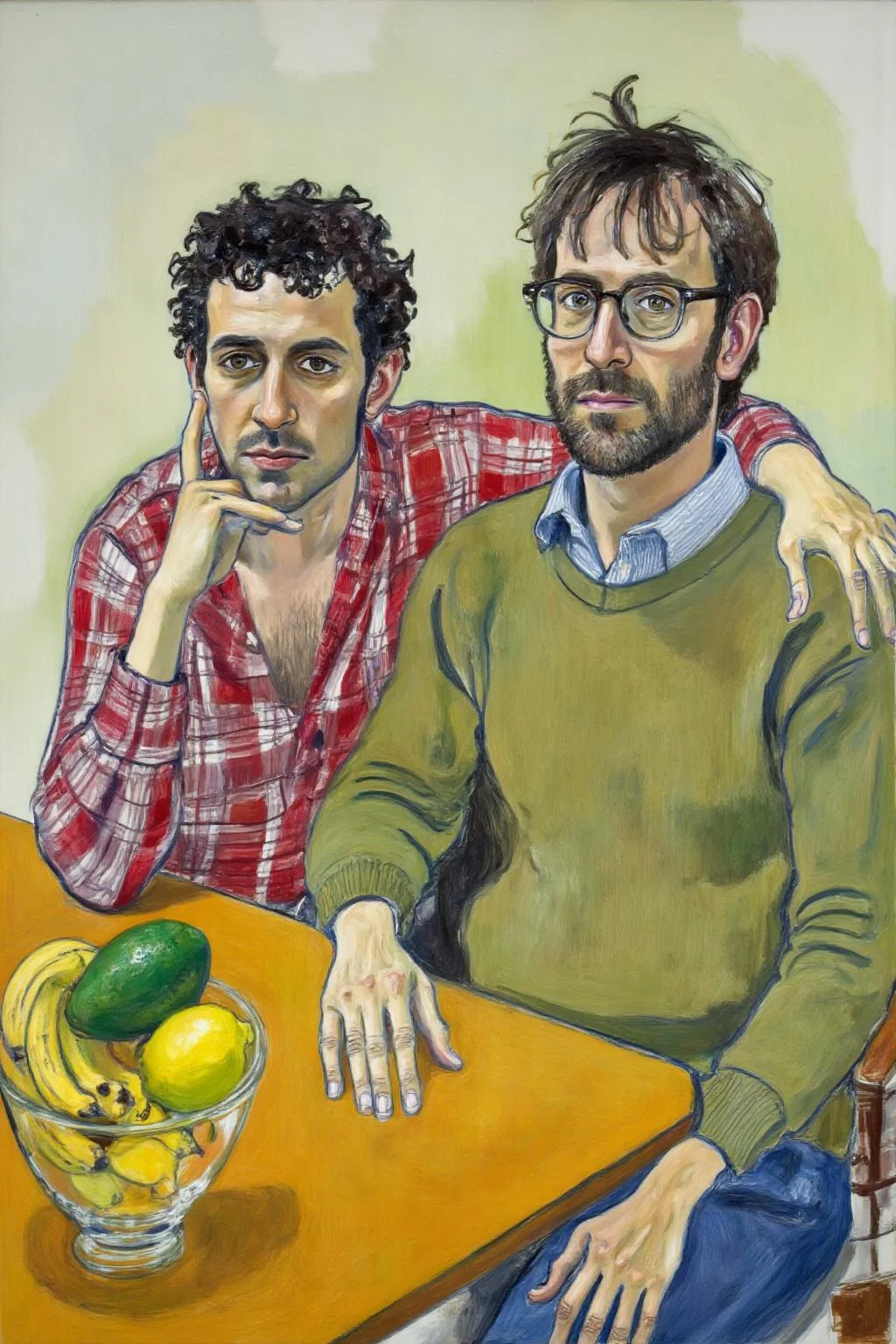 aliceneel2 painting.
Two men sit at a table. On the left is a man with curly dark hair, wearing a red and white checkered shirt, with one hand near his chin and the other hand on the shoulder of the other man. On the right is a man with messy hair and glasses, wearing a green sweater over a collared shirt and blue pants. He has one hand resting on the table and the other hand resting on his knee. They are looking directly at the viewer. On the table is a glass bowl with bananas, an avocado, and a lemon. The background is light green and yellow hues. <lora:aliceneel2_d8a4:1.0><lora:866282698648366460:0>