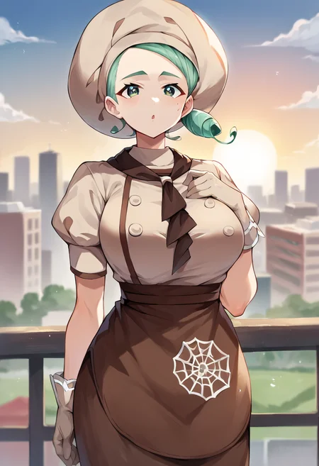 score_9, score_8_up, score_7_up, masterpiece, source_anime, 1girl, ct_k4ty, large breasts, brown shirt, puffy short sleeves, brown ascot, chef hat, brown apron, gloves, outdoors, city, depth of field, sun, looking at viewer, <lora:Katy_Pokemon_Pony_ct:0.9>