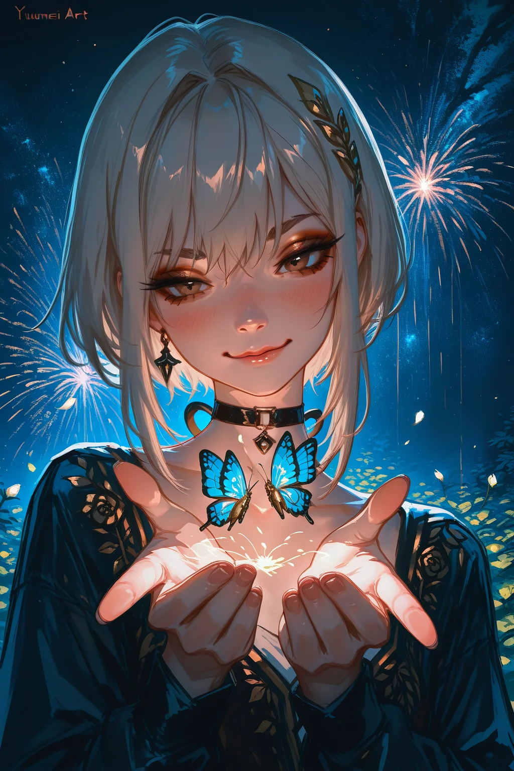masterpiece, best quality, amazing quality, very aesthetic, absurdres, newest, dark and moody lighting, green and blue and brown, light hair but dark eyebrows, e-girl makeup, black choker, flirting, teasing, different poses, inset reaction shot, rich & seductive, erotic aesthetics, freckle,ceremonial, BREAK style by Yuumei,
mesmerise celestial fireworks starry sky,floral atmosphere,vibrant godray effect on a realistic,hyperdetailed vibrant glowing petal,luminous foliage,dreamlike wonderland-garden naughty butterflies slutty inspired by Yuumei huge busy extremely detailed scene <lora:ponyv4_noob1_2_adamW-000017:0.7000000000000001> <lora:USNR_STYLE_XL_lokr:1> <lora:frostbitev2_Illu_dwnsty:0.45>