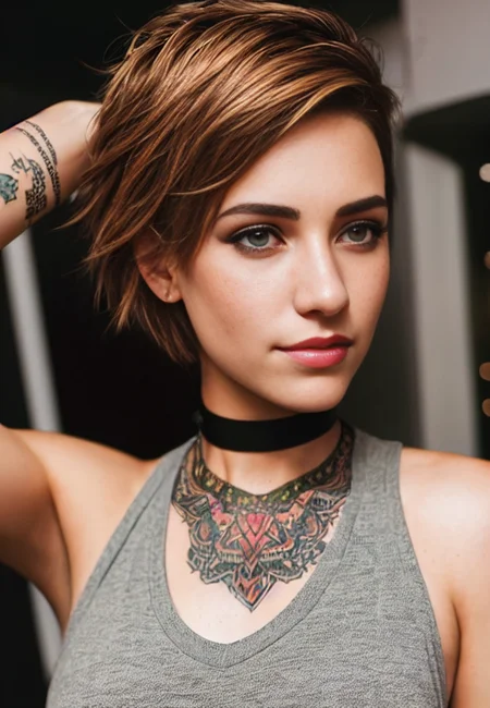 photo, rule of thirds, dramatic lighting, short hair, detailed face, detailed nose, woman wearing tank top, freckles, collar or choker, smirk, tattoo, complex background