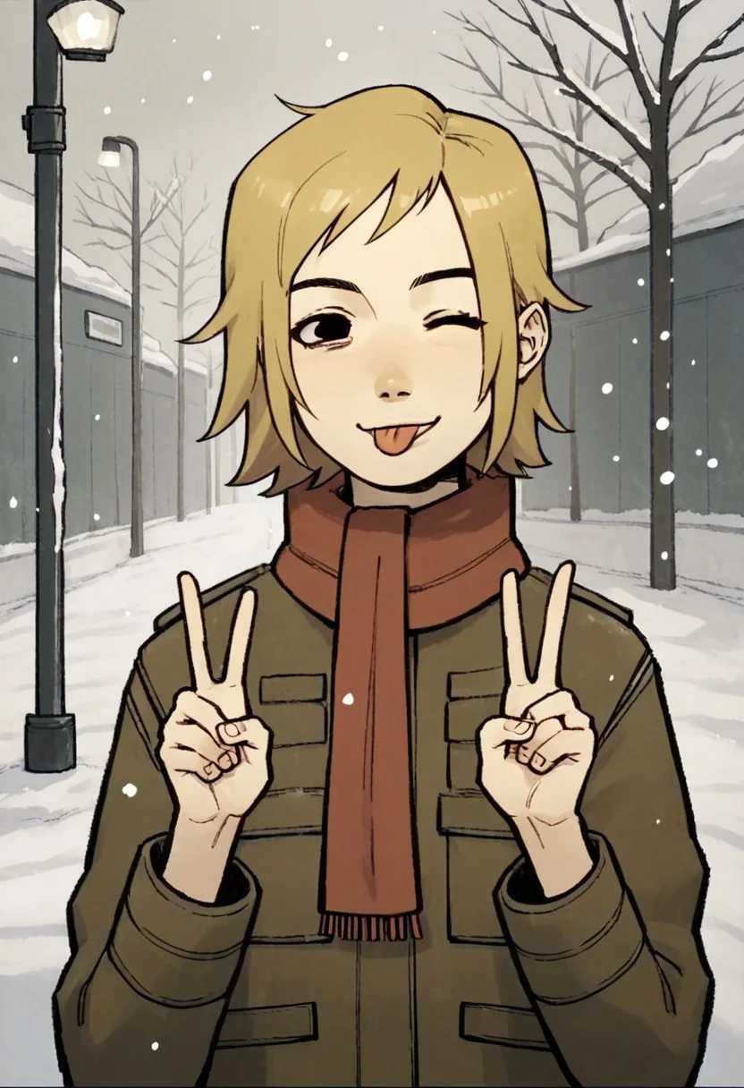 score_9,score_8_up,score_7_up,score_6_up,source anime BREAK, 1girl, solo, short hair, wink, tongue sticking out, peace sign, blonde hair, red scarf, winter coat, winter outdoors, snowing, looking at viewer, smile, dynamic pose, black eyes, potrait