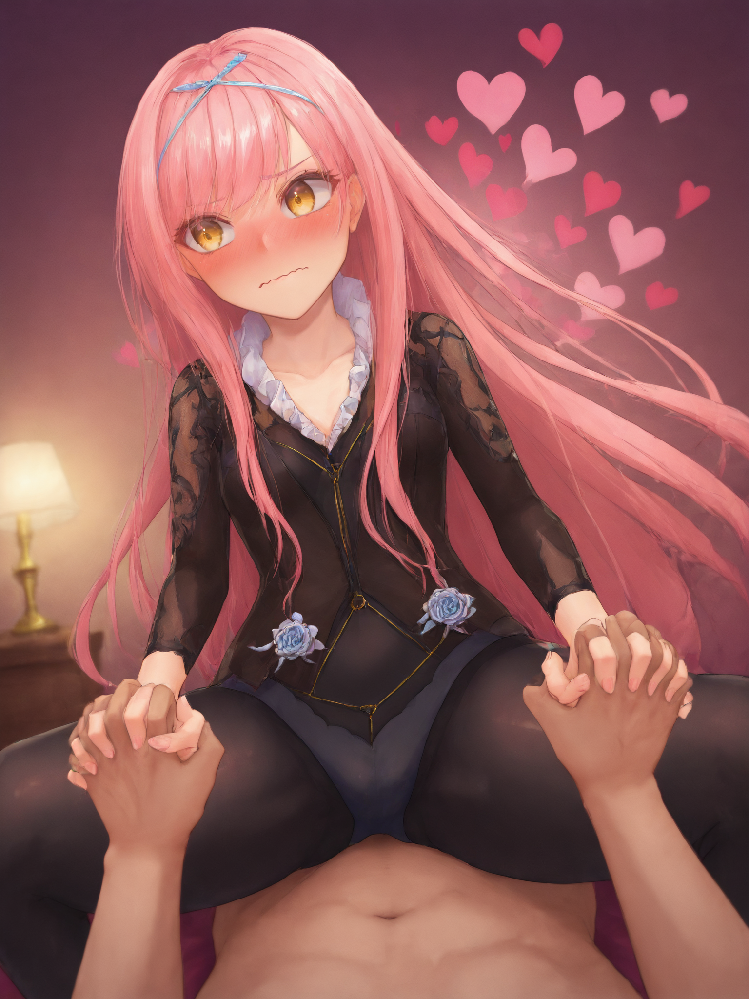 score_9, score_8_up, score_7_up, BREAK,
1girl, solo focus, BREAK,
cnocnariabhfate, yellow eyes, black dress, pink hair, black pantyhose, <lora:Cnoc_na_Riabh:0.8>, BREAK,
embarrassed, wavy mouth, full-face blush, (looking to the side, averting eyes:1.1), heart, BREAK,
squatting cowgirl position, straddling, girl on top, facing viewer, straight-on, (holding hands:1.5), BREAK,
1boy, clothed female nude male, pov crotch, BREAK,
indoors, bedroom