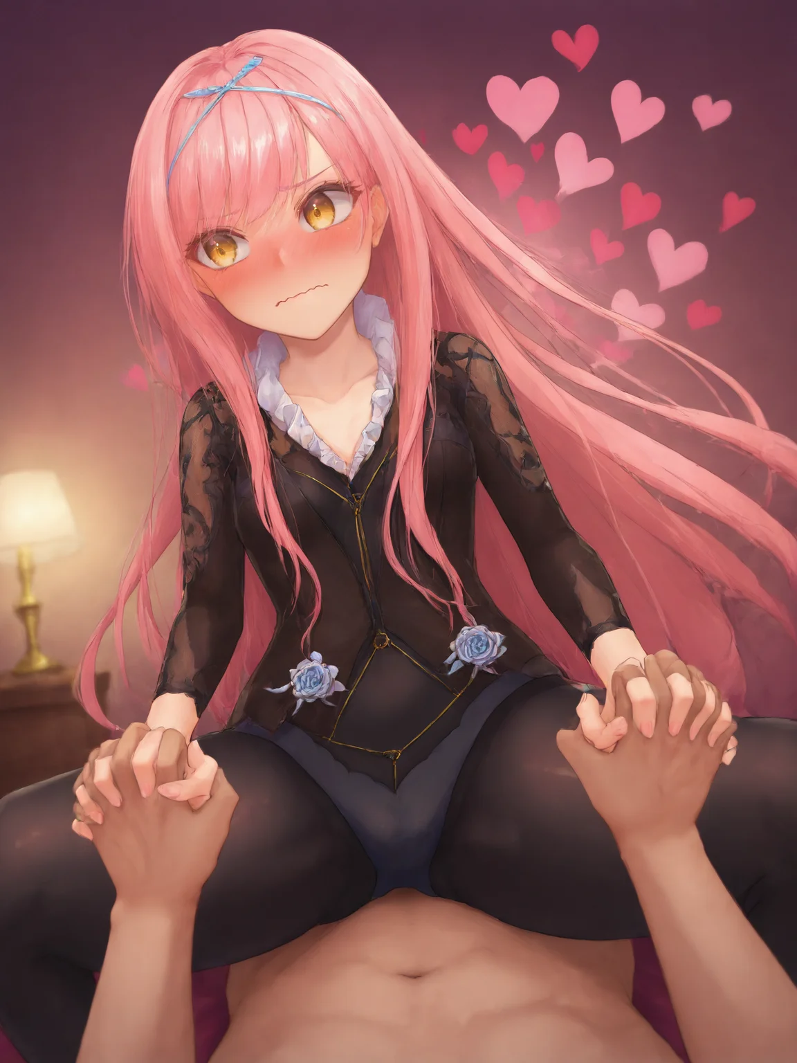 score_9, score_8_up, score_7_up, BREAK,
1girl, solo focus, BREAK,
cnocnariabhfate, yellow eyes, black dress, pink hair, black pantyhose, <lora:Cnoc_na_Riabh:0.8>, BREAK,
embarrassed, wavy mouth, full-face blush, (looking to the side, averting eyes:1.1), heart, BREAK,
squatting cowgirl position, straddling, girl on top, facing viewer, straight-on, (holding hands:1.5), BREAK,
1boy, clothed female nude male, pov crotch, BREAK,
indoors, bedroom