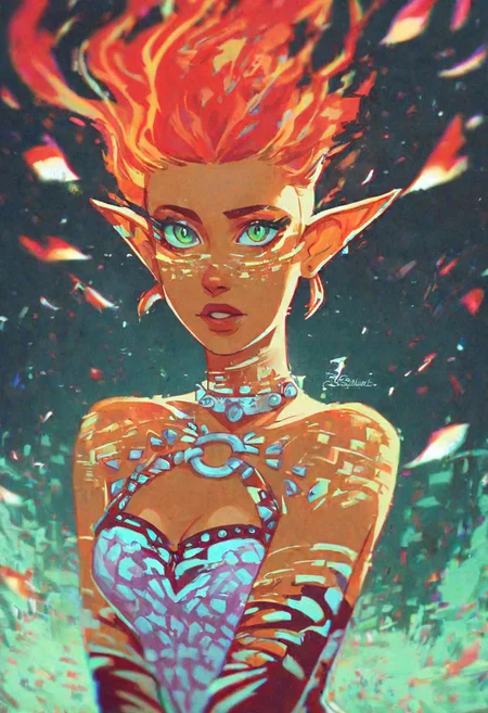 score_9, score_8_up, score_7_up, 8k, portrait, vintage illustration, female elf barbarian:1.4), long wild, flaming, red hair, vibrant green eyes, long pointy ears, subtle freckles, prominent cheekbones:1.3, dynamic pose:1.4, wearing studded leather armor, bare shoulders, fur cloak, surrounded by a glowing embers, bokeh:1.4, in an fall forest with falling maple leaves, beautifully backlit, depth of field:1.5, indirect lighting:1.3, high contrast shadows, dramatic shadows: sharp shadows across face, cinematic lighting: 
orange skin, fiery hair, glitch, glitching,  , (glitched image:1.2)