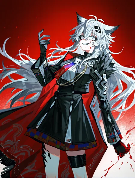 (quasarcake:0.7),(kanikama:0.5),
masterpiece,amazing quality,best quality,very aesthetic,highres,absurdres,perfect composition,detailed,uncensored,
<lora:Decadenza-Noobai-v1.1:1>,lappland the decadenza \(arknights\),white hair,grey eyes,long hair,very long hair,hair between eyes,antenna hair,messy hair,scar across eye,animal ears,wolf ears,hairclip,wolf girl,
brooch,necktie,white background,white shirt,jacket,black jacket,open jacket,long sleeves,fur trim,cape,two-sided fabric,two-sided cape,short dress,black dress,thigh strap,oripathy lesion \(arknights\),socks,grey socks,knee boots,black footwear,gloves,
simple background,red background,
1girl,solo,
fangs,teeth,
shade,blood splatter,blood,from side,looking to the side,crazy smile,blood on face,blood on clothes,leaning back,evil grin,grin,upper body,hand up,looking afar,