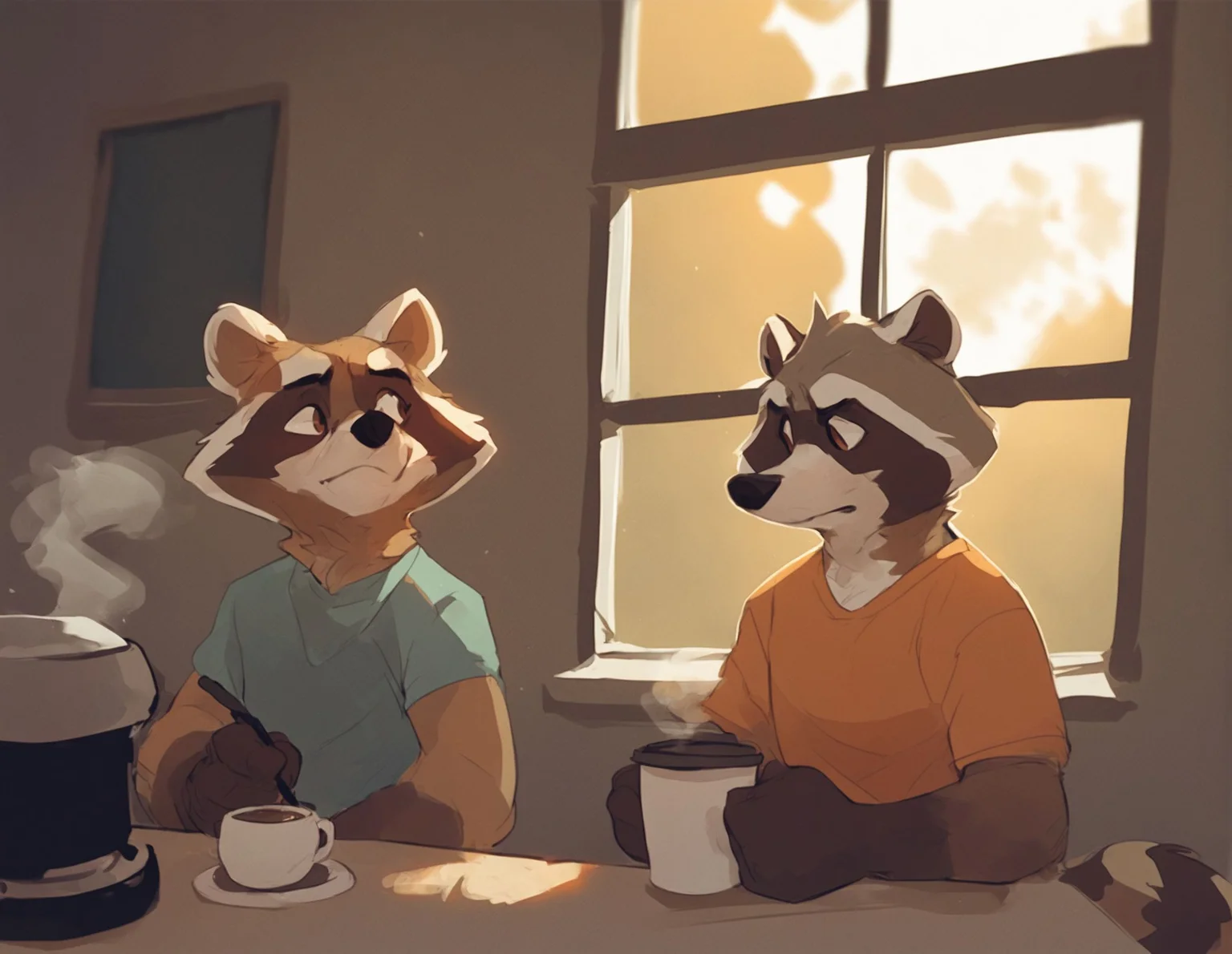 source_furry, Furry raccoon serving coffee, coffee cup, counter, coffee machines, window, raccoon tail,
counter
furry raccoon, serving coffee,
Window, fall season, yellow leaves
<lora:Seth-Iova__Leosaeta_Artist_Style_Pony_XL:1> furry, seth-iova, score_9, score_8_up, score_7_up, score_6_up, score_5_up,