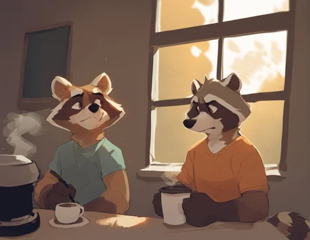 source_furry,  Furry raccoon serving coffee, coffee cup, counter, coffee machines, window, raccoon tail,
counter
furry raccoon, serving coffee,
Window, fall season, yellow leaves
 <lora:Seth-Iova__Leosaeta_Artist_Style_Pony_XL:1> furry, seth-iova, score_9, score_8_up, score_7_up, score_6_up, score_5_up,