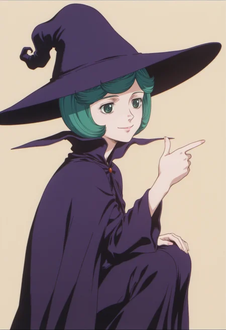 anime screencap, anime coloring, 1girl, solo, <lora:DX888SchierkeIL:1>schierke, bob cut, green hair, green eyes, witch, witch hat, cape, dress, BREAK beige background, dotted background, BREAK dutch angle, from side, dynamic pose, posing, smile, finger gun, squatting,