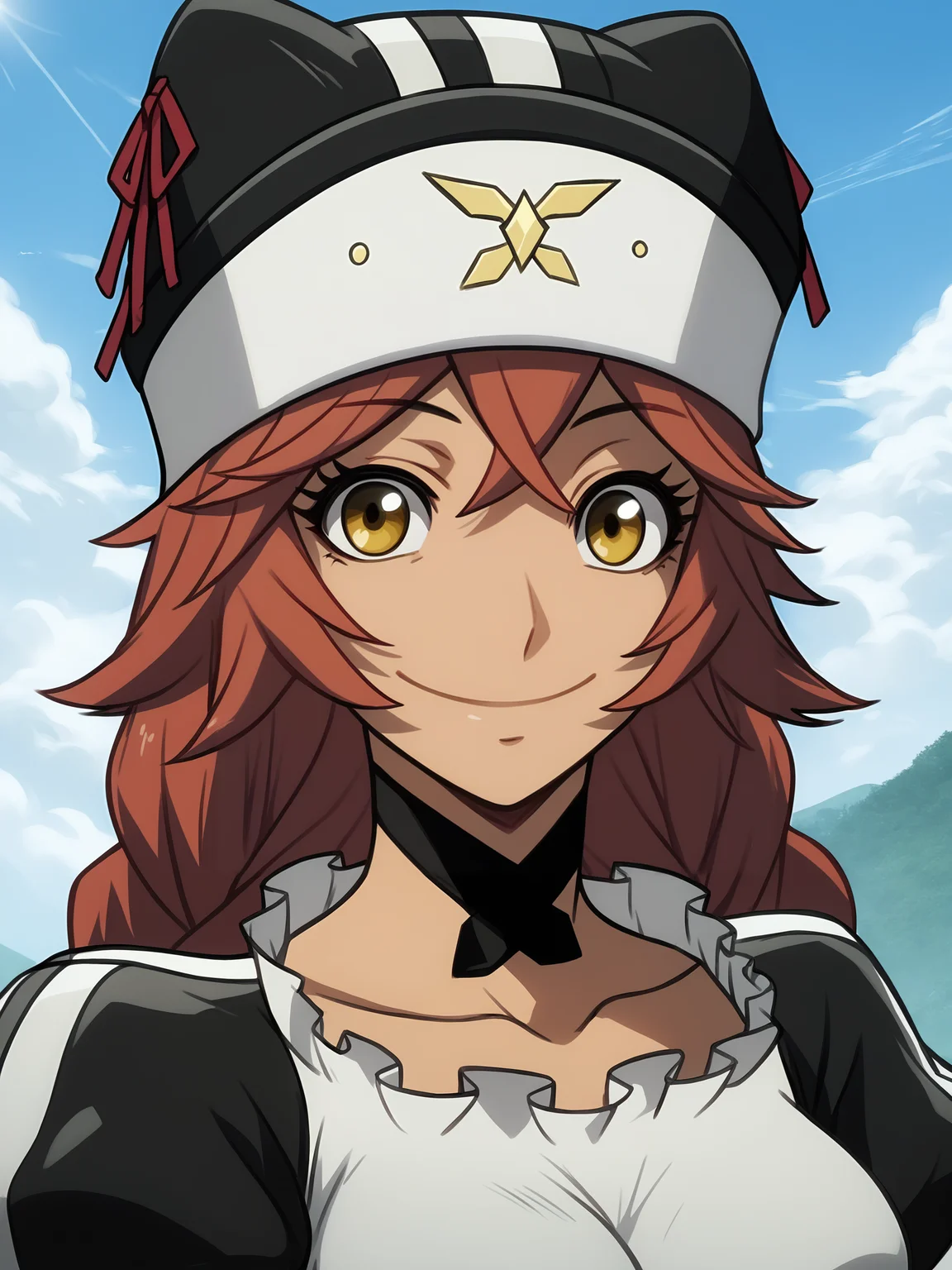 score_9, score_8_up, score_7_up, score_6_up, score_5_up, score_4_up, lupusregina_Black_maid_uniform, lupusreginabeta, medium_breasts, looking_at_viewer, solo, collarbone, closed_mouth, smile, black_animal_hat, black_choker, white_shirt, puffy_short_black_sleeves, full_face, upper_body, outdoors, day, cloudy_sky, <lora:Lupusregina_Beta_V1SDXL:1>