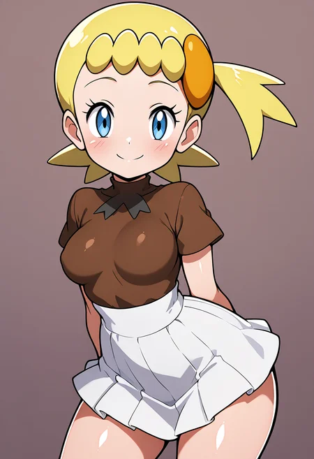 masterpiece, best quality, solo, curvy, beautiful eyes, narrow waist, 1girl, solo, smile, looking at viewer,  medium breasts, (curvy), zzBonnie, bonnie_(pokemon), blue eyes, ahoge, blonde hair, hair ornament, short hair, side ponytail, brown shirt, white skirt,  ,<lora:BonniePokemonIXL:1.0>, dynamic pose, cowboy shot, smile, looking at viewer, shiny skin,