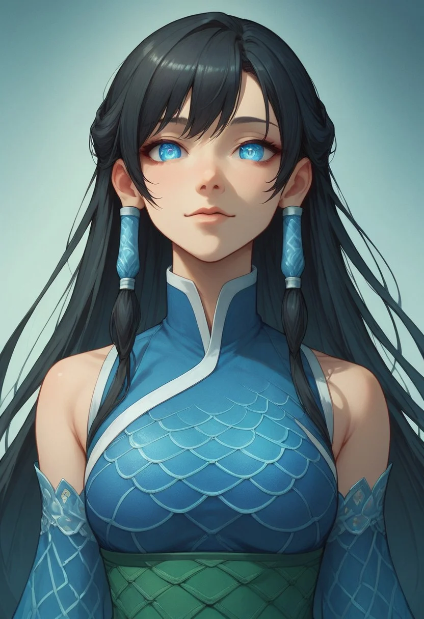 score_9, score_8_up, score_7_up, 8k, best quality, charturnerv2, sz4d3k, 1girl, even skin tone, cell shaded, female focus, indirect lighting, detailed face, detailed eyes, detailed, Expressiveh, adult female, Soryu, black hair, long hair, blue hair tubes, blue eyes, chinese clothes, azure dragon garb, close up, face focus, headshots,