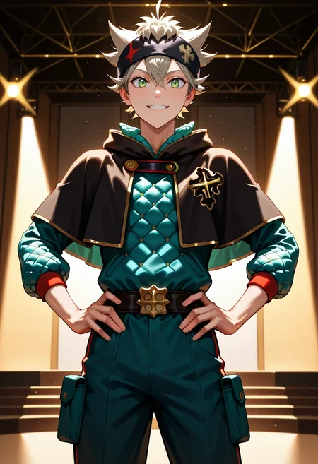 masterpiece, best quality, , (realistic:0.6), , 1boy, solo, male focus, <lora:asta_black_clover_ilxl:1>, asta_black_clover, grey hair, green eyes, short hair, spiked hair, black headband, black capelet, , asymmetrical, concert, stage, stage lights, idol, indoors, light, hands on hips, smile, Slim-fit cargo pants, Quilted jacket, , ,
