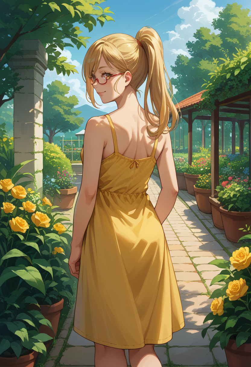 score_9, score_8_up, source_anime, 1girl, solo, KaedeAkiyama, long hair, ponytail, glasses, from behind, yellow sundress, garden, day, sunshine, smile, looking back, <lora:ChamKaedeAkiyamaPonyXL:1>