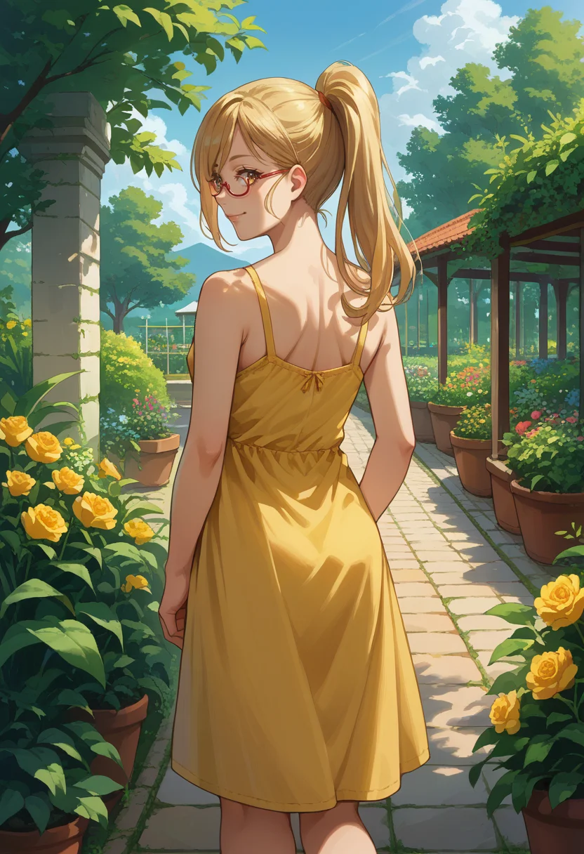 score_9, score_8_up, source_anime, 1girl, solo, KaedeAkiyama, long hair, ponytail, glasses, from behind, yellow sundress, garden, day, sunshine, smile, looking back, <lora:ChamKaedeAkiyamaPonyXL:1>