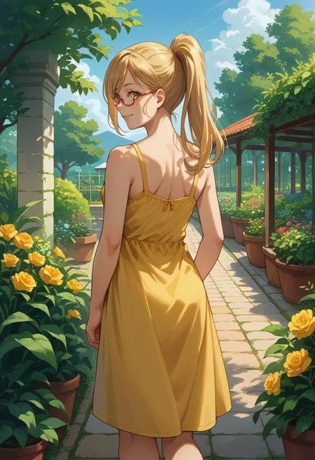score_9, score_8_up, source_anime, 1girl, solo, KaedeAkiyama, long hair, ponytail, glasses, from behind, yellow sundress, garden, day, sunshine, smile, looking back, <lora:ChamKaedeAkiyamaPonyXL:1>