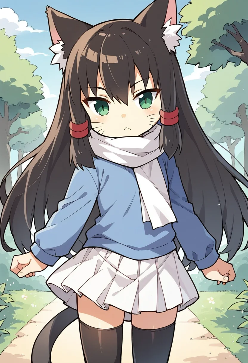masterpiece, best quality, uncensored, source_anime BREAK score_9, score_8_up, score_7_up, score_6_up, score_5_up, score_4_up, 1girl, solo, chibi, lulu, cat ears, animal ears, cat tail, long hair, black hair, hair tubes, green eyes, whiskers, Expressiveh, white scarf, blue sweater, long sleeves, white skirt, zettai ryouiki, black thighhighs, outdoors <lora:Expressive_H:0.6> <lora:add-detail-xl:0.5> <lora:lulu_xventure:0.8>