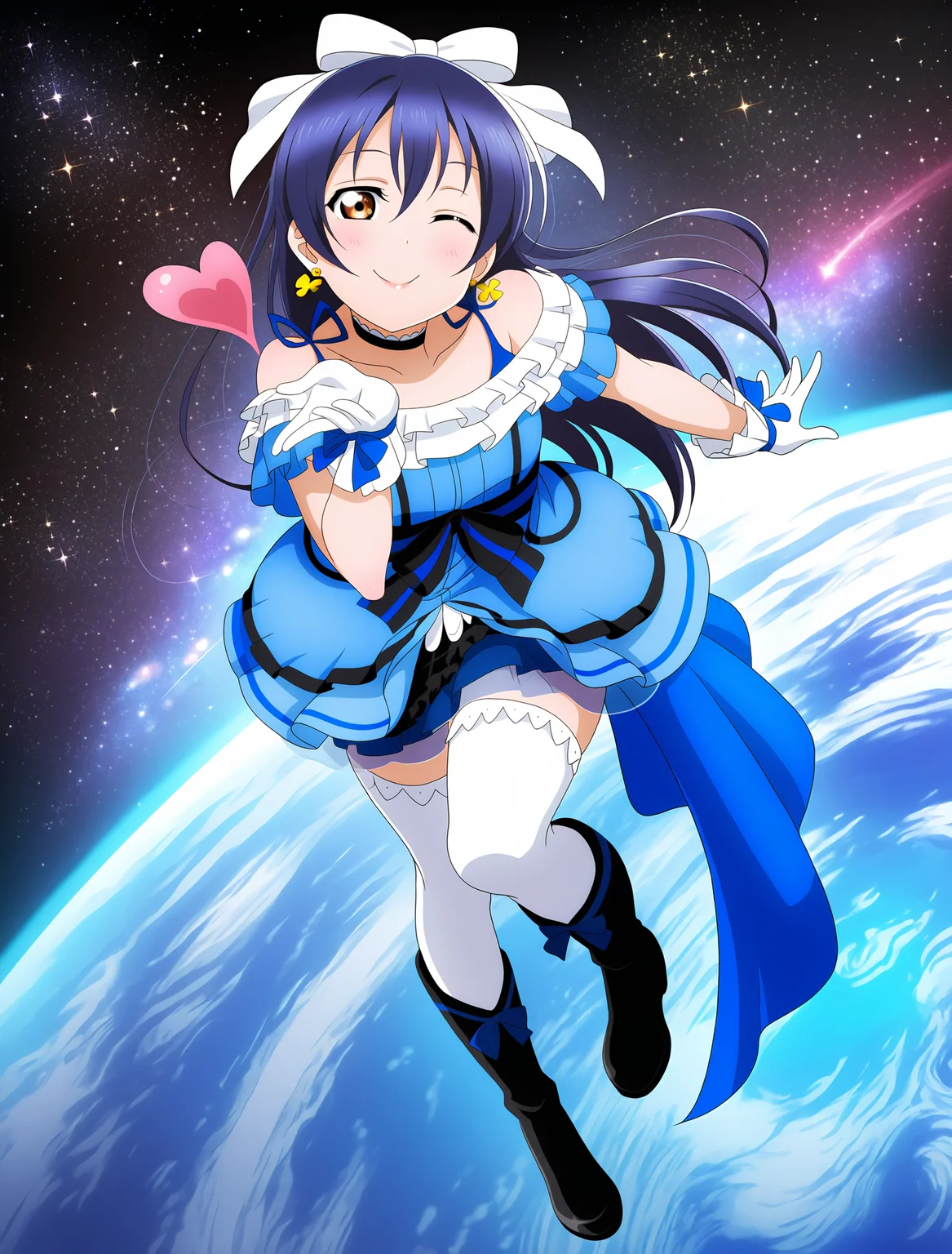 <lora:Koto-Umi-Riko-Shizu-Setsu-LLAS-IllustriousXLV01-V1:0.5> <lora:Koto-Umi-Riko-Shizu-Setsu-LLAS-NoobAIXLV11-V1:0.5> <lora:sdxl-boldline:-0.8> <lora:il_saturation_slider_d1:-0.3>
<lora:KiraSen-Dress-IllustriousXLV01-V1:1>
(llas:1.4), (masterpiece, very aesthetic, absurdres, very awa:1.2), best quality, highres, newest, perfect anatomy, perfect lighting, anime coloring, anime screenshot BREAK
(sparkle, light particles:0.8), depth of field, blurry background BREAK
1girl, solo, looking at viewer, full body BREAK
sonoda umi, sndum hair bow, long hair, ribbon strap BREAK
big pupils, (detailed eyes:1.2), large breasts, lips, smile, (one eye closed) BREAK
(royal-blue krkrs dress, kirasen, kira-kira sensation!:1.2), off-shoulder frilled dress, strap, choker, vertical-striped dress, striped waist ribbon, striped sash, (layered circle skirt:1.2), ribbon-trimmed gloves, glove bow, white gloves, white thighhighs, ribbon-trimmed knee boots, black footwear, skirt cape, yellow clover earrings BREAK
(blowing kiss, heart, earth \(planet\):1.2), starry sky, sky, galaxy, space, comet, multicolored background, black background