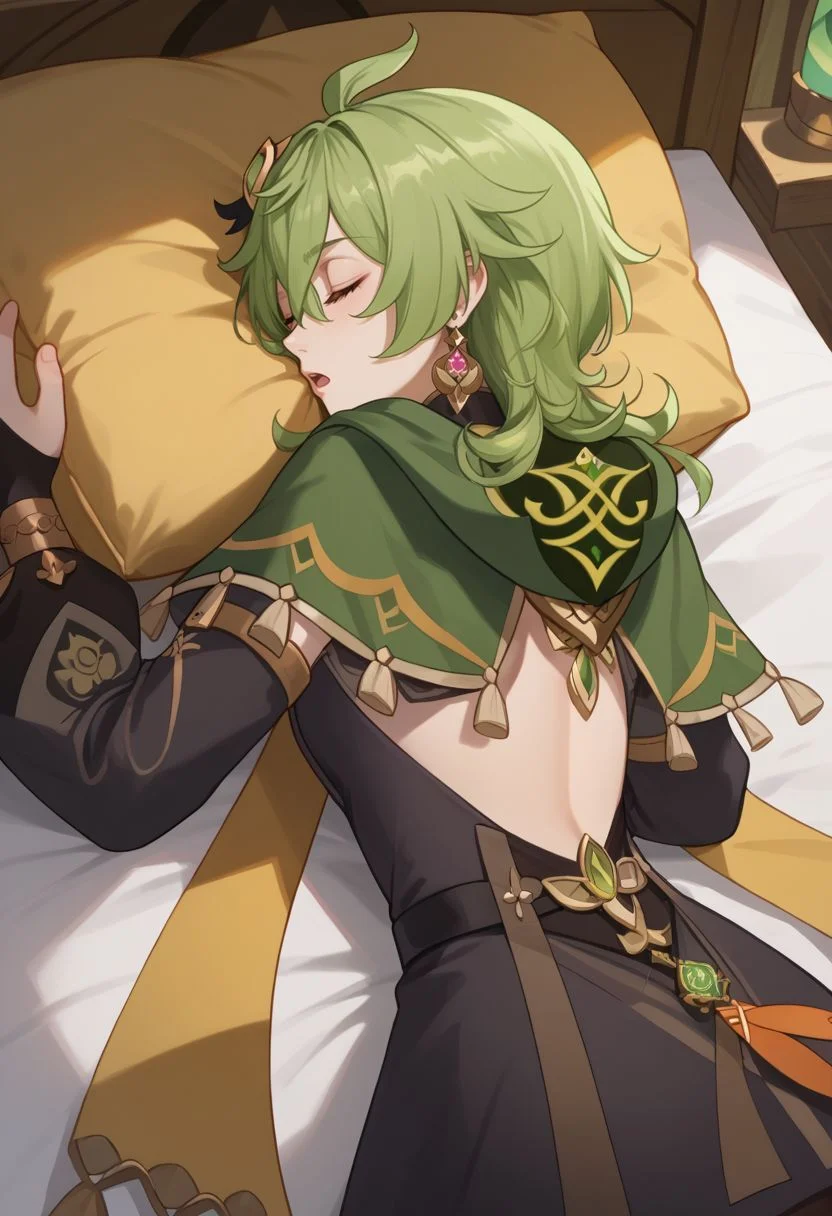 score_9, score_8_up, score_7_up, source_anime, 1girl, colleidef, green hair, medium hair, closed eyes, hair ornament, hair between eyes, ahoge, earrings, single earring, jewelry, green capelet, black dress, detached sleeves, puffy long sleeves, backless dress, bridal gauntlets, crossed bangs, brown thighhighs, asymmetrical legwear, thighlet, vision \(genshin impact\), open mouth, lap pillow, looking to the side, lying, on bed, (on stomach), sleeping, indoors, bedroom, upper body, from above, <lora:Collei_v1-000010:1>