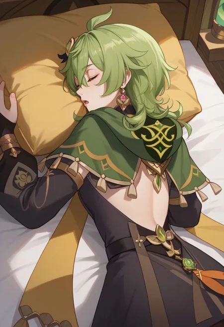 score_9, score_8_up, score_7_up, source_anime, 1girl, colleidef, green hair, medium hair, closed eyes, hair ornament, hair between eyes, ahoge, earrings, single earring, jewelry, green capelet, black dress, detached sleeves, puffy long sleeves, backless dress, bridal gauntlets, crossed bangs, brown thighhighs, asymmetrical legwear, thighlet, vision \(genshin impact\), open mouth, lap pillow, looking to the side, lying, on bed, (on stomach), sleeping, indoors, bedroom, upper body, from above, <lora:Collei_v1-000010:1>